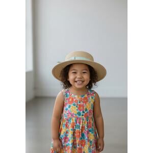 Max Studio kids straw sun hat, wide-brimmed light blue ribbon bow. New One Size